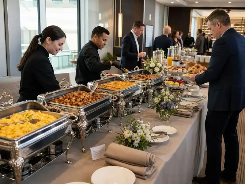 SF Catering Company team providing attentive buffet service for a professional breakfast meeting in San Francisco.